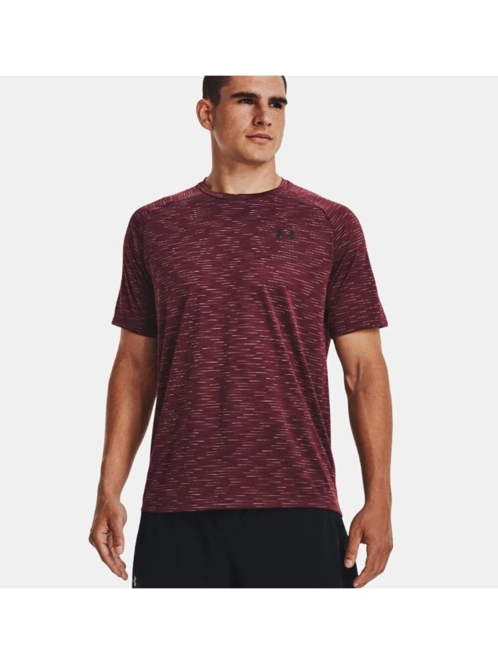 Under Armour Mens M Tech Tee Burgundy Loose Striped Athleisure Sporty UA Tee